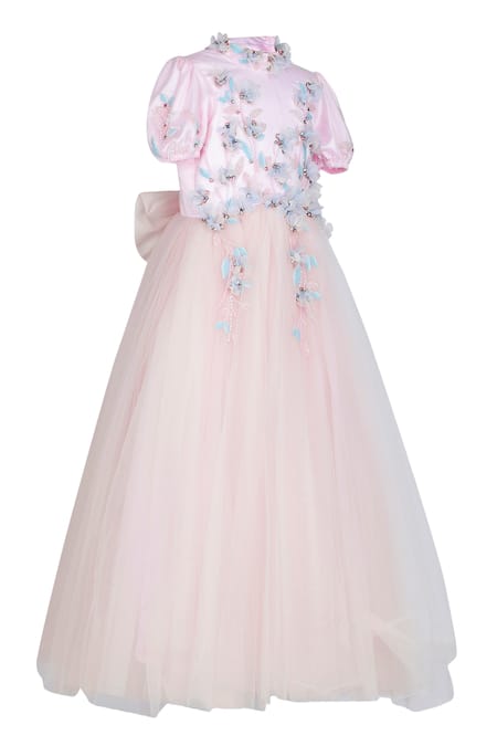 Buy_Pooja Wang_Pink Net Beads, Stones, Fabric Flowers Cleo Von Princess Puff Sleeve Gown _Online_at_Aza_Fashions