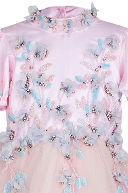 Shop_Pooja Wang_Pink Net Beads, Stones, Fabric Flowers Cleo Von Princess Puff Sleeve Gown _Online_at_Aza_Fashions