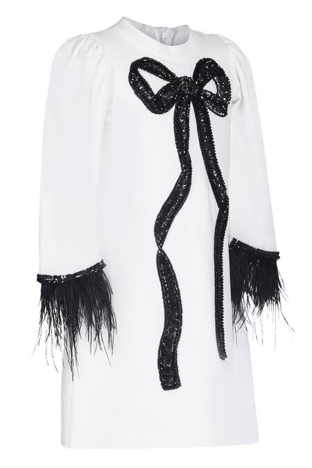 Pooja Wang_White Cotton Sequins, Feathers Classic Knot Bead Work Sleeve Dress _Online_at_Aza_Fashions