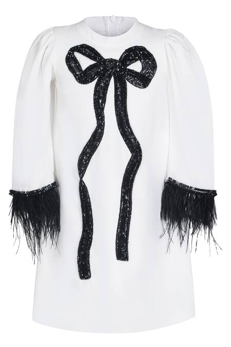 Pooja Wang Classic Knot Bead Work Feather Sleeve Dress 