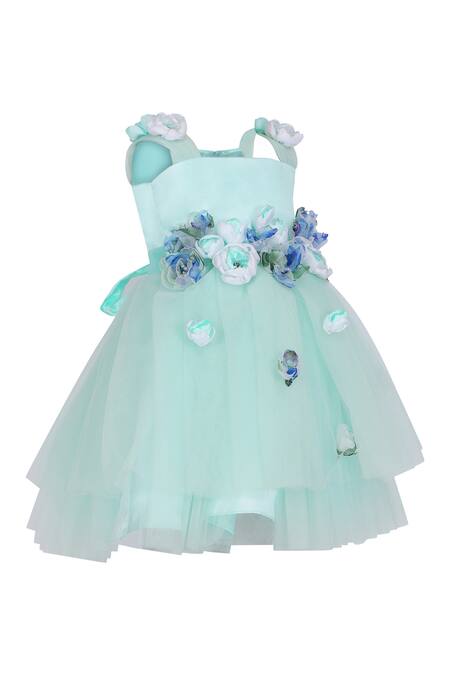 Pooja Wang_Aqua Organza Fabric Flowers, Applique Ebon Petal Dress _Online_at_Aza_Fashions