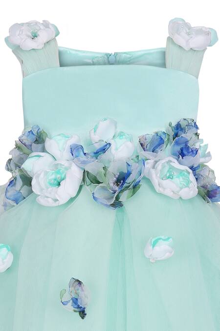 Buy_Pooja Wang_Aqua Organza Fabric Flowers, Applique Ebon Petal Dress _Online_at_Aza_Fashions