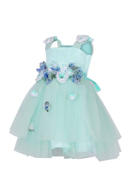 Shop_Pooja Wang_Aqua Organza Fabric Flowers, Applique Ebon Petal Dress _Online_at_Aza_Fashions