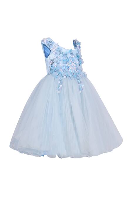 Pooja Wang_Sky Blue Net Beads, Sequins, Fabric Flowers Elsa Ice Palace Dress _Online_at_Aza_Fashions