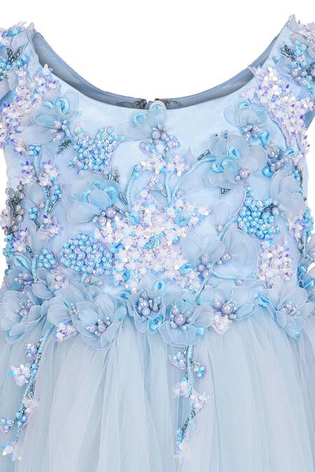 Shop_Pooja Wang_Sky Blue Net Beads, Sequins, Fabric Flowers Elsa Ice Palace Dress _Online_at_Aza_Fashions