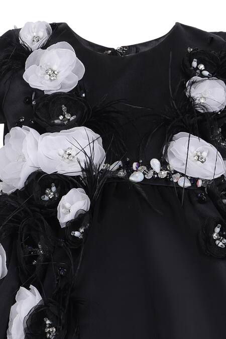 Pooja Wang_Black Satin Fabric Flowers, Beads, Enchanted Handcrafted Embellished Dress _Online_at_Aza_Fashions