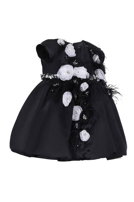 Shop_Pooja Wang_Black Satin Fabric Flowers, Beads, Enchanted Handcrafted Embellished Dress _Online_at_Aza_Fashions