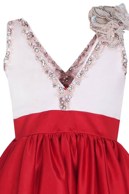Pooja Wang_Red Satin Sequins, Stones, Fabric Flowers Gia Crystal Embellished Dress _Online_at_Aza_Fashions