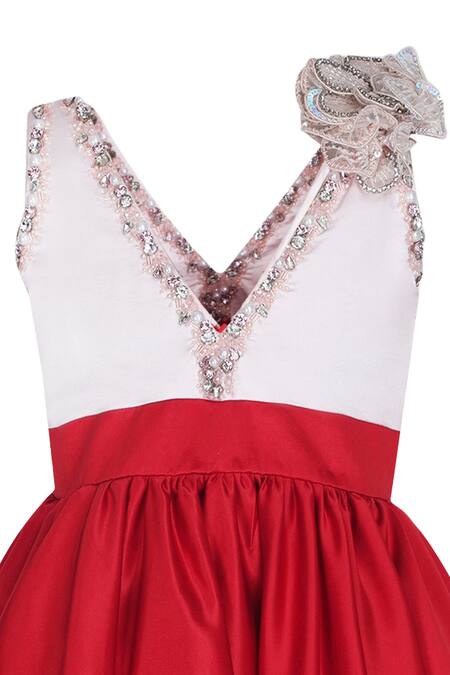 Buy_Pooja Wang_Red Satin Sequins, Stones, Fabric Flowers Gia Crystal Embellished Dress _Online_at_Aza_Fashions
