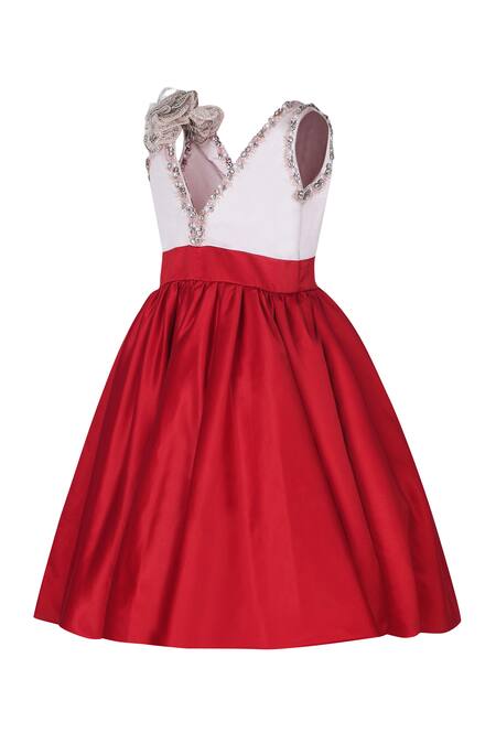 Shop_Pooja Wang_Red Satin Sequins, Stones, Fabric Flowers Gia Crystal Embellished Dress _Online_at_Aza_Fashions