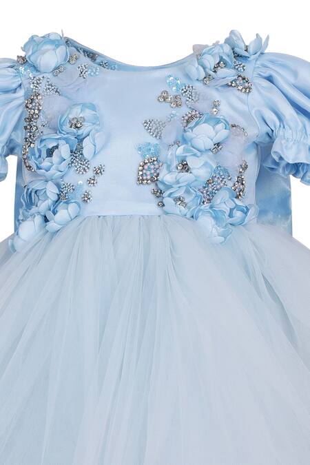 Shop_Pooja Wang_Blue Net Fabric Flowers, Sequins, Rhinestones Heavenly Hue Dress _Online_at_Aza_Fashions