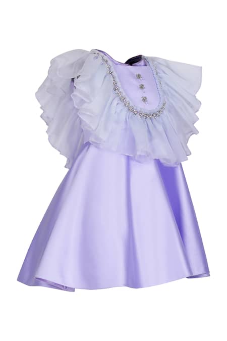 Buy_Pooja Wang_Lavender Satin Stones, Bows Lilac Gem Ruffled Dress _Online_at_Aza_Fashions