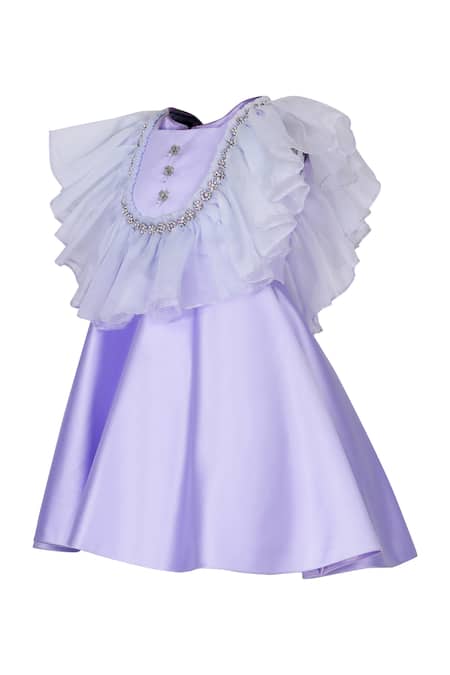 Shop_Pooja Wang_Lavender Satin Stones, Bows Lilac Gem Ruffled Dress _Online_at_Aza_Fashions