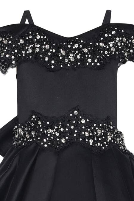 Pooja Wang_Black Satin Sequins, Beads Quuin Off Shoulder Embellished Layered Dress _Online_at_Aza_Fashions