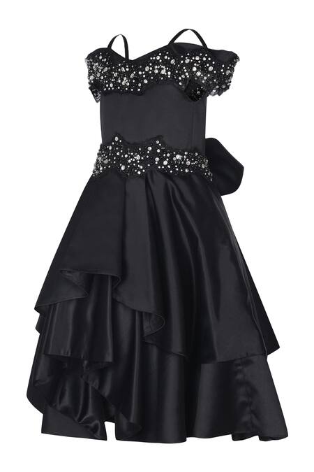 Buy_Pooja Wang_Black Satin Sequins, Beads Quuin Off Shoulder Embellished Layered Dress _Online_at_Aza_Fashions