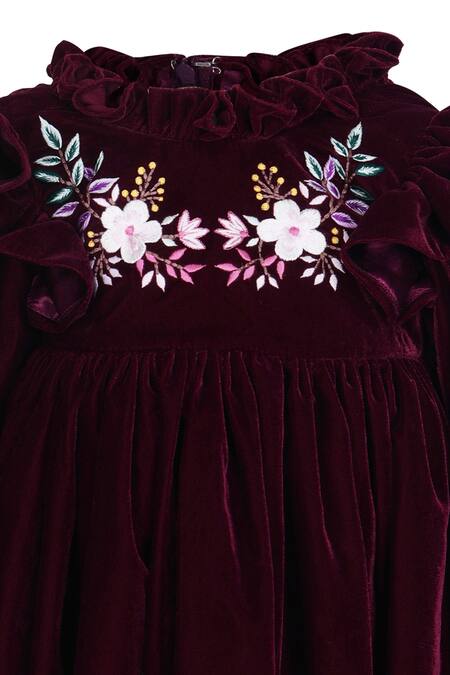 Pooja Wang_Maroon Velvet Embroidery, Bows Ravens Reign Dress _Online_at_Aza_Fashions