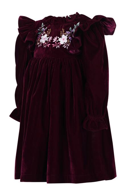 Buy_Pooja Wang_Maroon Velvet Embroidery, Bows Ravens Reign Dress _Online_at_Aza_Fashions