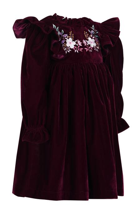 Shop_Pooja Wang_Maroon Velvet Embroidery, Bows Ravens Reign Dress _Online_at_Aza_Fashions