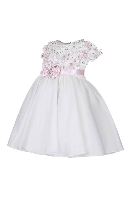 Pooja Wang_White Organza, Tissue Sequins, Beads, Fabric Flowers, Bows Rose Bud Dress _Online_at_Aza_Fashions