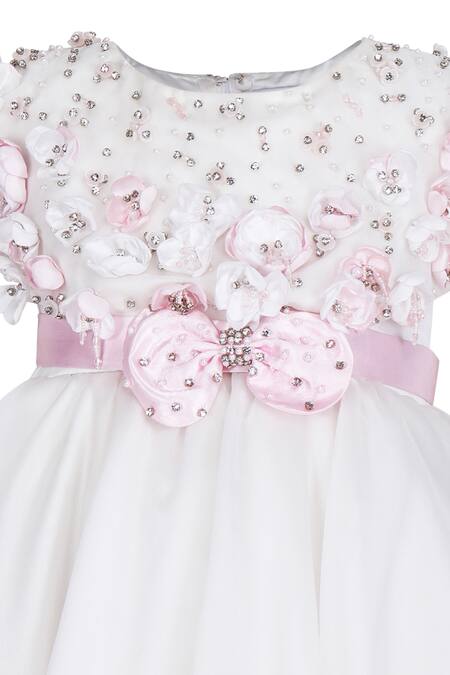 Shop_Pooja Wang_White Organza, Tissue Sequins, Beads, Fabric Flowers, Bows Rose Bud Dress _Online_at_Aza_Fashions