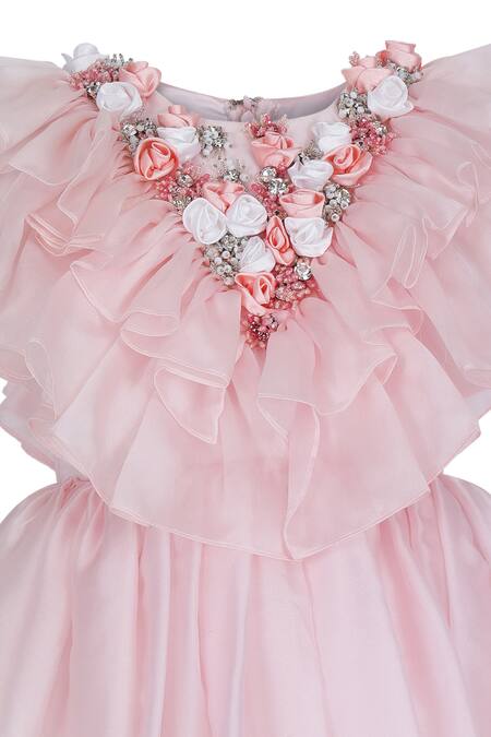 Buy_Pooja Wang_Pink Organza, Tissue Rose Revival Ruffled Floral Crystal Embellished Dress _Online_at_Aza_Fashions