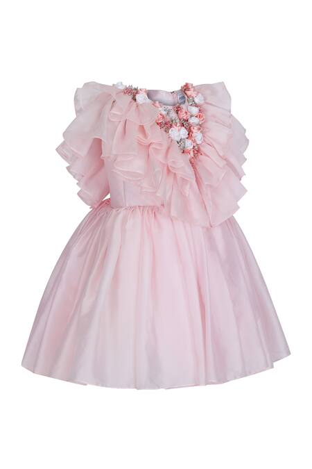Shop_Pooja Wang_Pink Organza, Tissue Rose Revival Ruffled Floral Crystal Embellished Dress _Online_at_Aza_Fashions