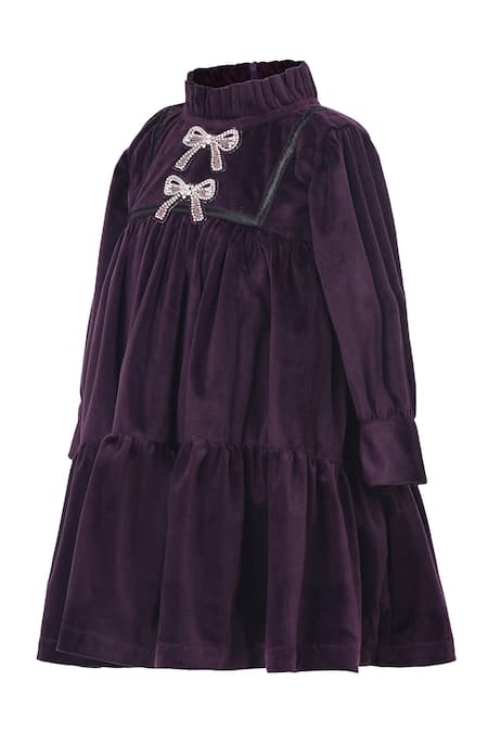 Pooja Wang_Purple Velvet Bows, Beads, Stones Savile Dress _Online_at_Aza_Fashions
