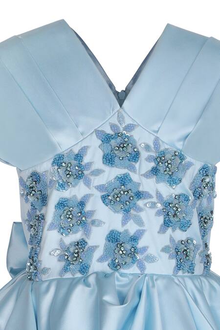 Pooja Wang_Sky Blue Satin Embroidery, Sequins, Beads Snow Hand V Neck Tiered Dress _Online_at_Aza_Fashions