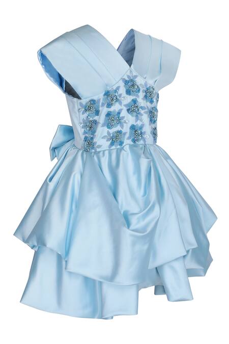 Buy_Pooja Wang_Sky Blue Satin Embroidery, Sequins, Beads Snow Hand V Neck Tiered Dress _Online_at_Aza_Fashions