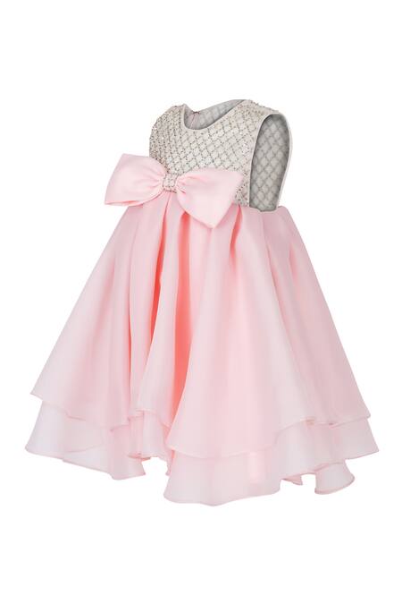 Pooja Wang_Peach Organza, Tissue Sequins, Beads, Bows Twirly Embellished Dress _Online_at_Aza_Fashions