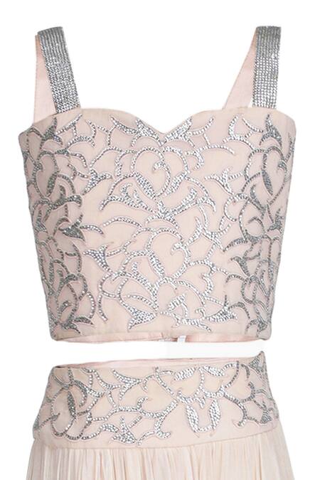 Pooja Wang_Beige Georgette Embroidery, Metallic Thread Blouse And Asymmetrical Skirt Set _Online_at_Aza_Fashions