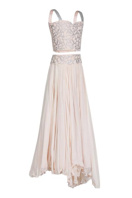 Buy_Pooja Wang_Beige Georgette Embroidery, Metallic Thread Blouse And Asymmetrical Skirt Set _Online_at_Aza_Fashions