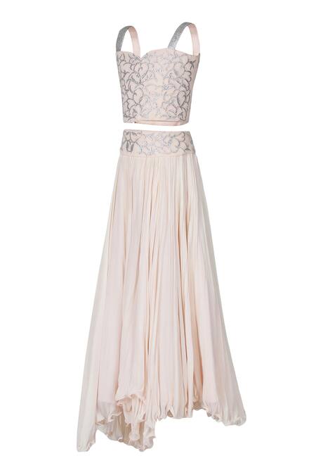 Shop_Pooja Wang_Beige Georgette Embroidery, Metallic Thread Blouse And Asymmetrical Skirt Set _Online_at_Aza_Fashions