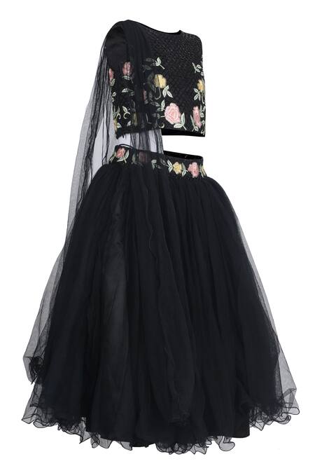 Pooja Wang_Black Net Embroidery, Beads Midnight Bloom Hand Lehenga Set _Online_at_Aza_Fashions