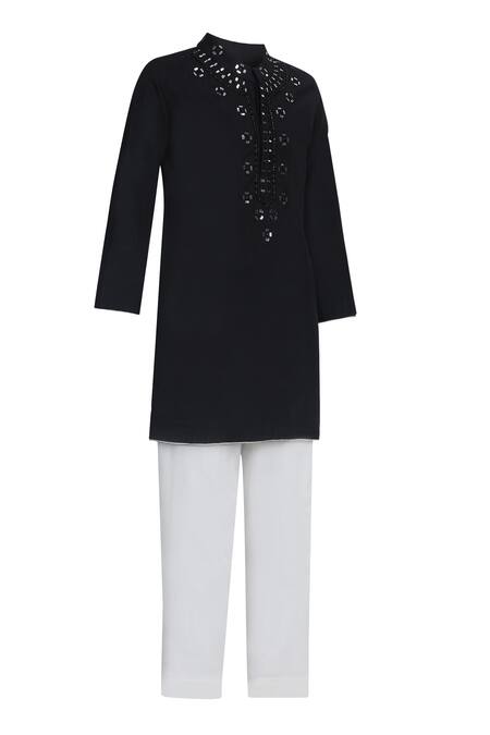 Pooja Wang_Black Cotton Mirrors, Beads Serene Style Work Kurta And Pyjama Set _Online_at_Aza_Fashions