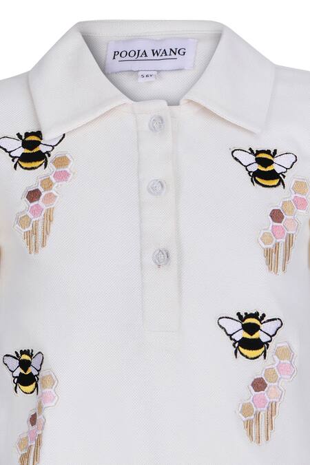 Pooja Wang_Off White Cotton Embroidery Queen Bee Polo Dress _Online_at_Aza_Fashions