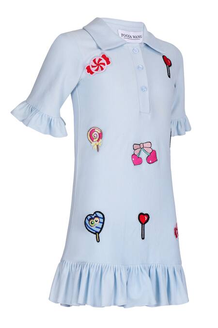 Shop_Pooja Wang_Sky Blue Cotton Embroidery Sugar Rush Polo Dress _Online_at_Aza_Fashions