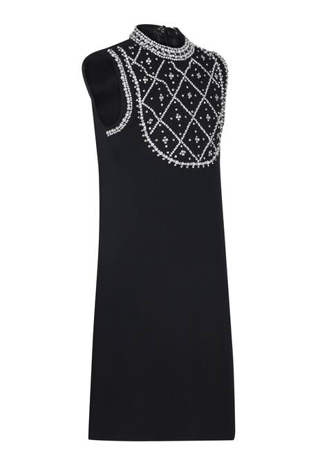 Pooja Wang_Black Cotton Beads, Stones Dark Beauty Pearl Work Sleeveless Straight Fit Dress _Online_at_Aza_Fashions