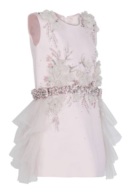 Pooja Wang_Pink Satin Crystals, Beads, Fabric Flowers, Ruffles Dorothea Floral Dress _Online_at_Aza_Fashions