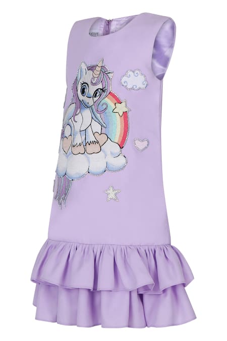 Pooja Wang_Lavender Cotton Embroidery, Sequins Enchanted Unicorn Dress _Online_at_Aza_Fashions