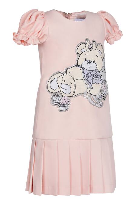 Pooja Wang_Peach Cotton Embroidery, Sequins Fuzzy Friends Thread Dress _Online_at_Aza_Fashions
