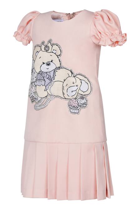 Shop_Pooja Wang_Peach Cotton Embroidery, Sequins Fuzzy Friends Thread Dress _Online_at_Aza_Fashions