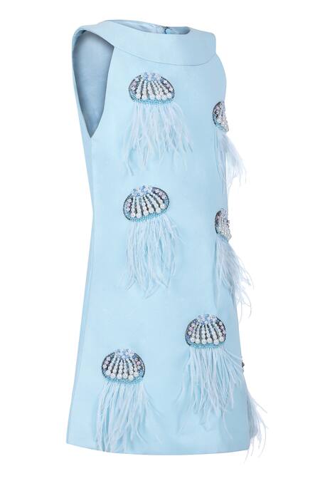 Buy_Pooja Wang_Sky Blue Cotton Beads, Pearls, Feathers Jelly Frost Dress _Online_at_Aza_Fashions