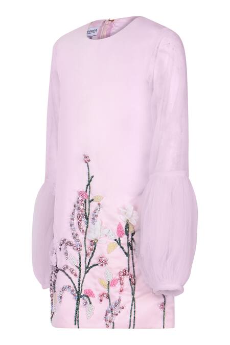Pooja Wang_Pink Satin Beads, Sequins, Embroidery Leila Cutdana Floral Dress _Online_at_Aza_Fashions