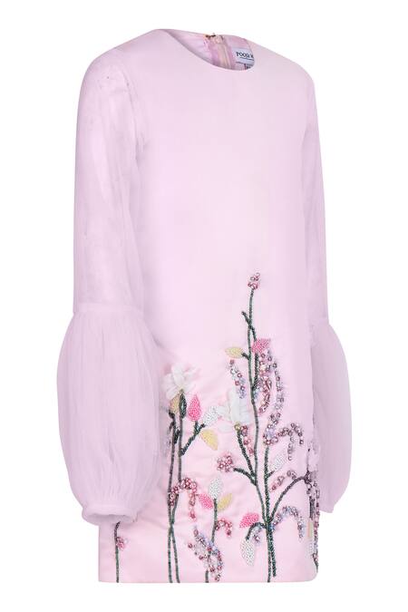 Buy_Pooja Wang_Pink Satin Beads, Sequins, Embroidery Leila Cutdana Floral Dress _Online_at_Aza_Fashions