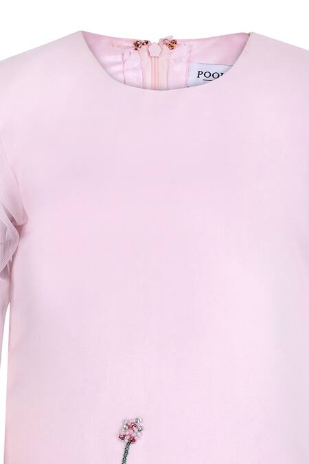 Shop_Pooja Wang_Pink Satin Beads, Sequins, Embroidery Leila Cutdana Floral Dress _Online_at_Aza_Fashions