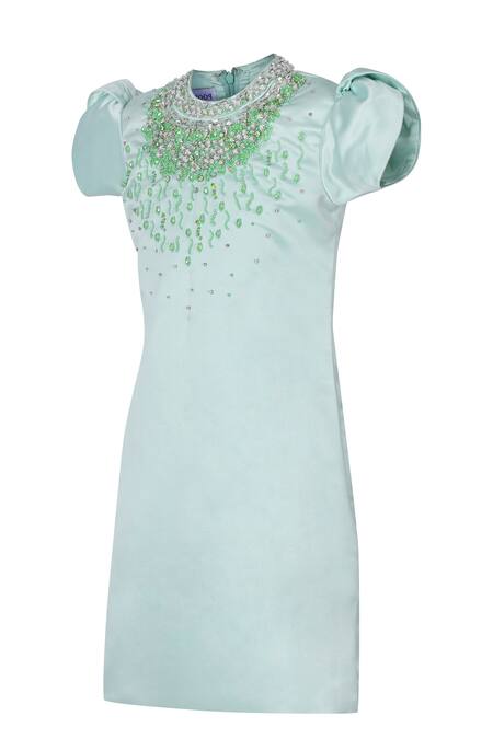 Pooja Wang_Aqua Satin Beads, Stones Sea Foam Floral Embellished Dress _Online_at_Aza_Fashions