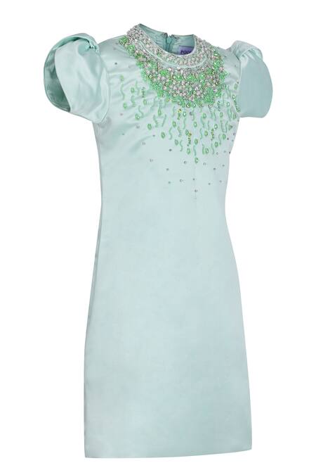 Buy_Pooja Wang_Aqua Satin Beads, Stones Sea Foam Floral Embellished Dress _Online_at_Aza_Fashions