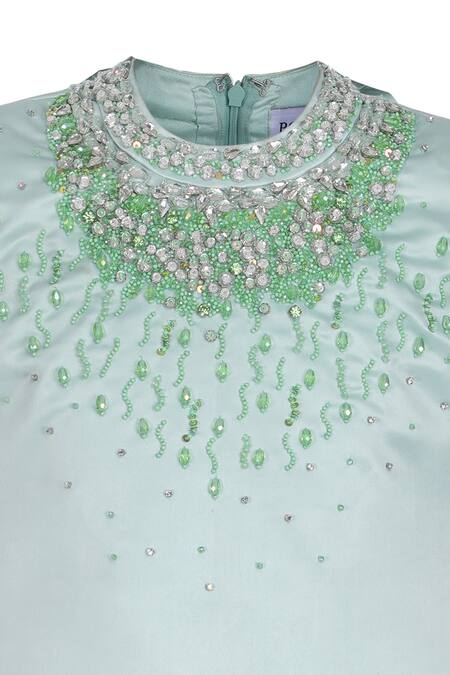 Shop_Pooja Wang_Aqua Satin Beads, Stones Sea Foam Floral Embellished Dress _Online_at_Aza_Fashions