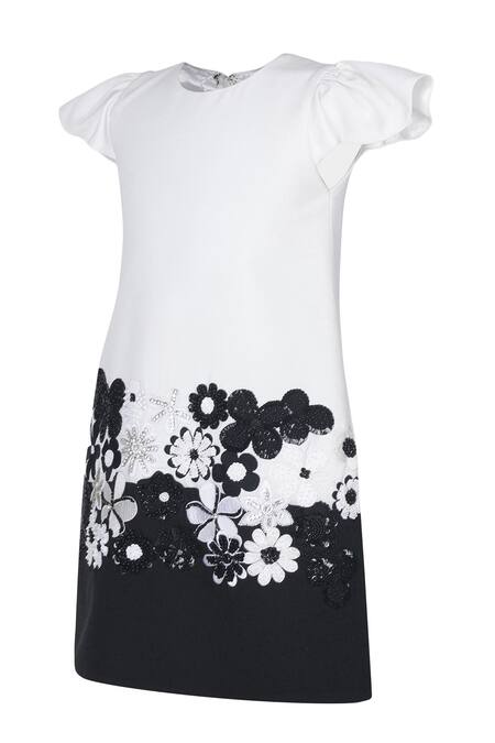 Shop_Pooja Wang_White Cotton Embroidery, Sequins, Beads Sia Lace Floral Work Dress _Online_at_Aza_Fashions